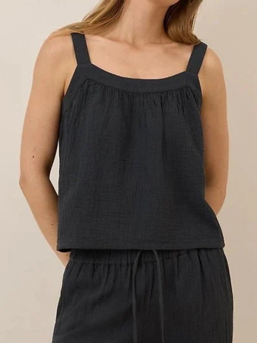 Black Double Gauze Breezy Cami and split hem pants